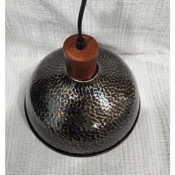 12″ Hammered Bronze Gold Pendant Light – Wood Accent, 52″ Drop - Picture 3 of 11